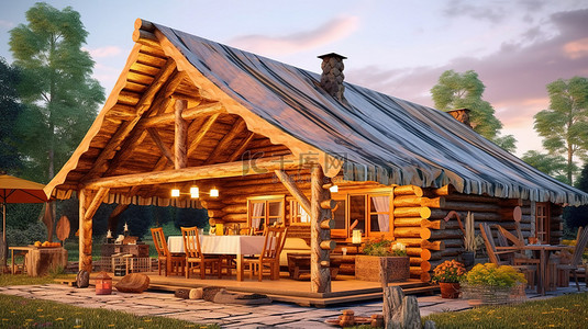 以户外餐厅和屋顶帐篷为特色的木屋的 3D 插图