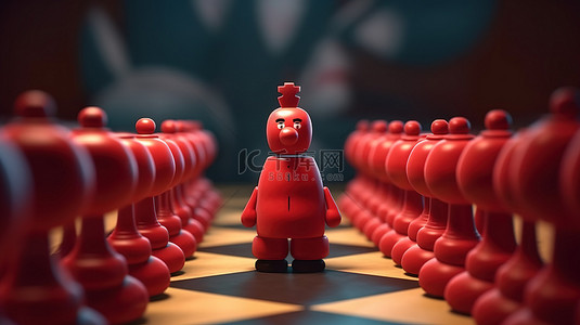 小脸通红背景图片_被棋子包围的卡通红王棋子的 3D 渲染