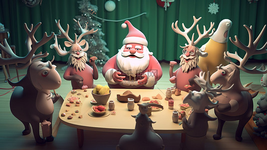 圣诞老人与他的驯鹿庆祝的节日 3D 卡通渲染