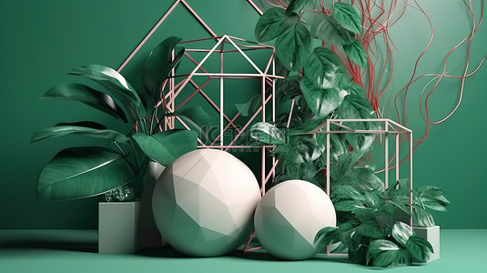 植物元素背景图片_3d 渲染中的抽象几何和植物元素