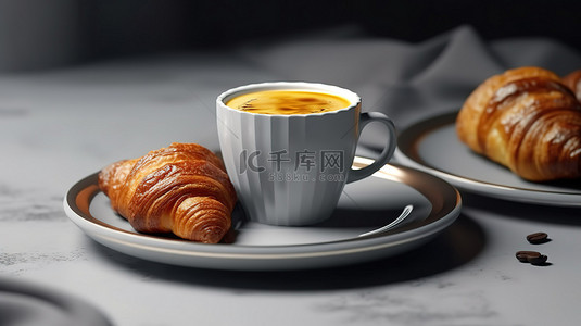 美味早餐背景图片_美味早餐喜悦羊角面包和咖啡在 3D 灰色渲染