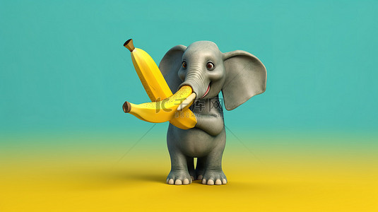 有趣香蕉背景图片_顽皮的 3D 大象，插图有趣，拿着香蕉