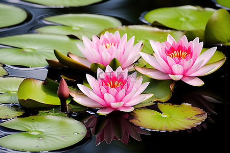 池塘花背景图片_有粉红色睡莲的池塘