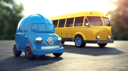 手绘小猪存钱罐背景图片_蓝色存钱罐中为教育储蓄的校车的 3D 渲染