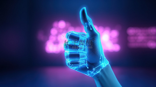 创新的蓝色背景，全息手握着像标志一样的符号，通过 3D 渲染描述社交网络概念