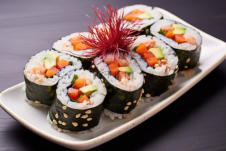碟子胡萝卜背景图片_白盘上的寿司，配米生菜胡萝卜黄瓜和姜