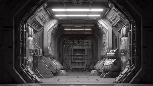 3D 渲染中的现实科幻宇宙飞船闭门机库