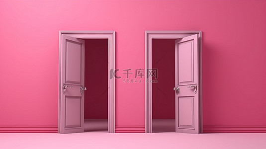 大挑战背景背景图片_粉红色背景，带有带有复制空间的关闭和打开的门的 3D 插图