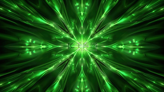 中绿背景图片_万花筒 3D 插图中绿色星形装饰品的对称隧道