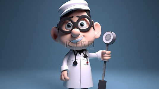 穿着制服和听诊器的卡通医生拿着一个大温度计 3D 渲染