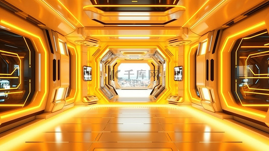 闪闪发光的白色和发光的黄色霓虹灯 3D 渲染在免费的现代科幻背景照片中设定了未来主义基调