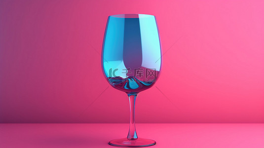 粉红色背景展示双色调风格的 3D 渲染蓝色酒杯