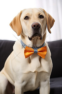 一只黄色拉布拉多犬，穿着蓝色西装，打着领结