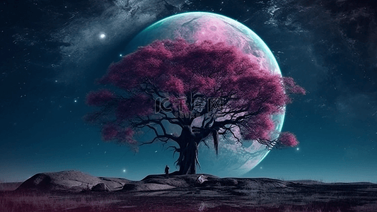紫色创意立体背景图片_月亮云层蓝色飘逸紫色大树可爱