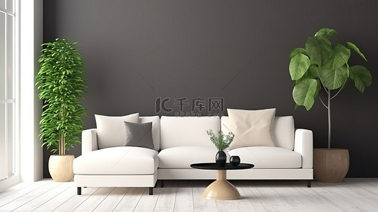 现代客厅模型，配有白色沙发桌和装饰 3D 渲染