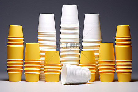 白色纸杯与黄色杯子和拿铁杯