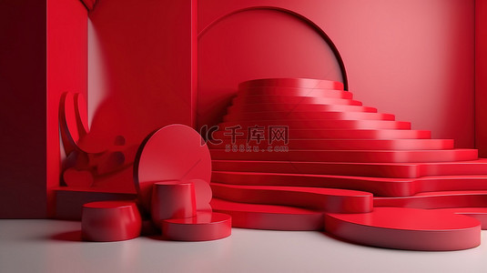红色几何形状背景图片_几何形状和现代红色平台为产品展示带来了 3D 渲染工作室