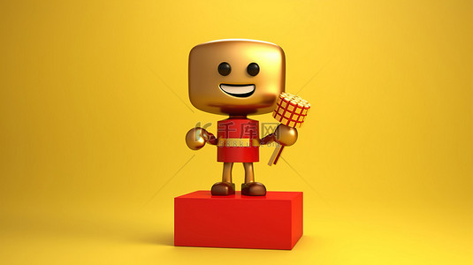 吉祥物人物的 3D 渲染，在黄色背景上拿着金奖获得者奖杯，并配有礼品盒和红丝带