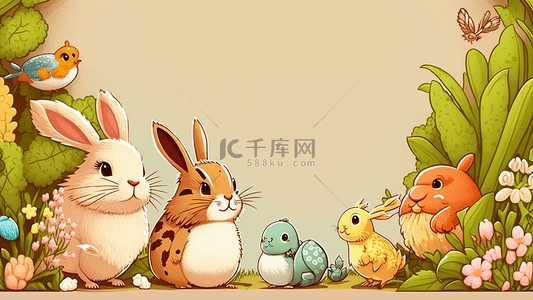 可爱的兔子边框背景图片_动物兔子小鸟花草插画边框背景