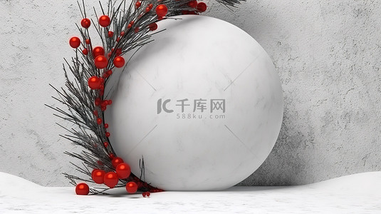 圆形圣诞边框背景图片_白墙上圣诞树树枝圆框上红球的 3D 插图