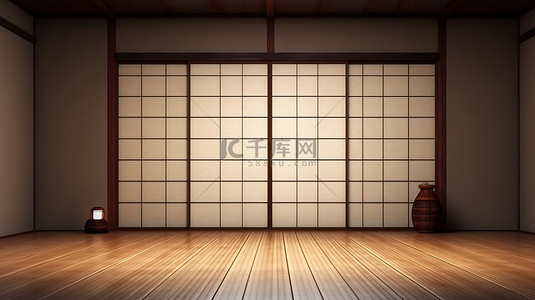 宁静简约的禅宗房间，配有日本美学榻榻米地板木墙和灯 3D 渲染