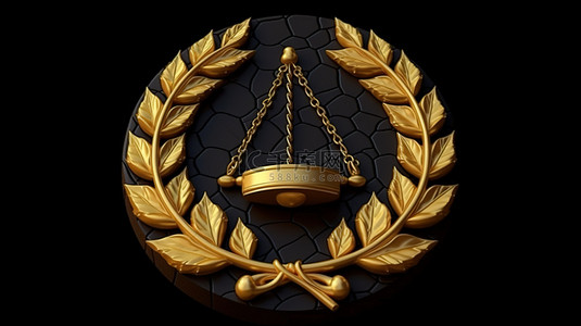 邮票背景图片_正义天平和月桂花环的象征性律师徽章在黑纸背景上的金色邮票中以 3d 渲染