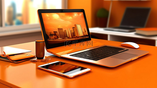 电子背景背景图片_办公桌，配有橙色笔记本电脑智能手机和平板电脑的 3D 插图