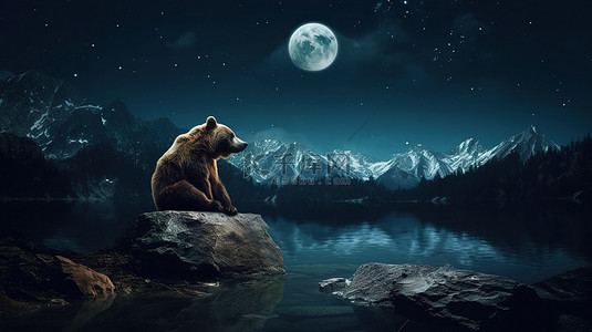 夜间景观中熊月的 3D 渲染