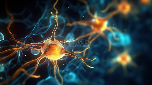 神经元细胞和神经传递连接的 3D 渲染