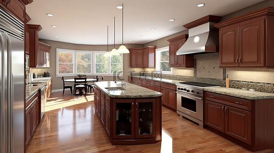 厨房背景图片_厨房 3D 渲染，配有花岗岩岛和樱桃木橱柜