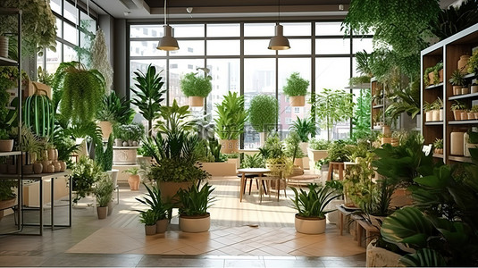 花店背景图片_室内花园咖啡馆和花店的 3D 渲染