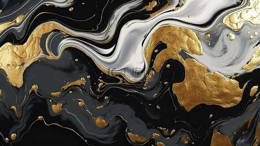 抽象艺术树脂晶洞，带有金色和黑色液体大理石背景 3D 壁纸，用于墙壁装饰