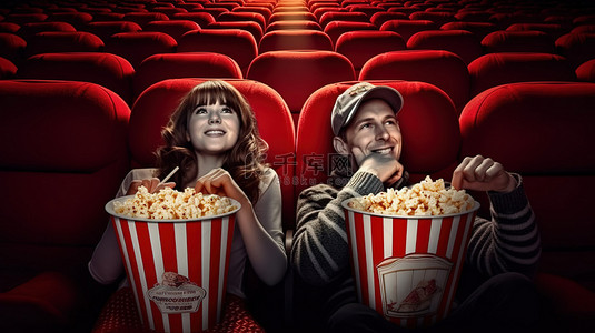 年轻快乐的女人背景图片_微笑的夫妇在剧院里享受爆米花 3D 电影