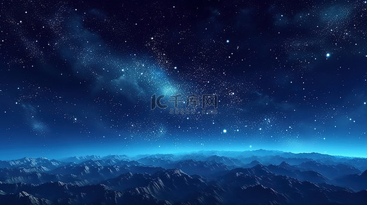 广阔的夜空与蓝色星星水平背景横幅具有 3D 无限宇宙插图