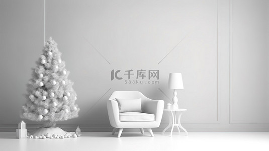 圆形的椅子背景图片_简单的节日装饰 3D 渲染圣诞树和椅子，内部整洁