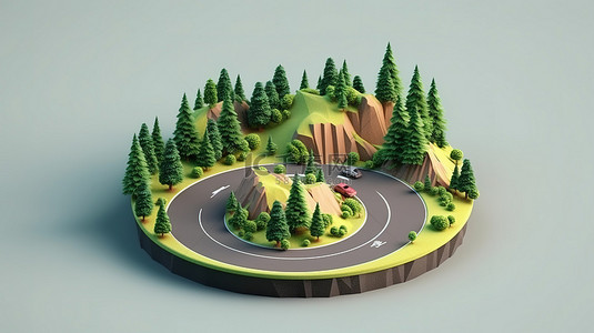 圆形公路背景图片_等距绿洲 3D 插图圆形天堂与宁静的路径青翠的树木茂盛的草地和雄伟的山脉