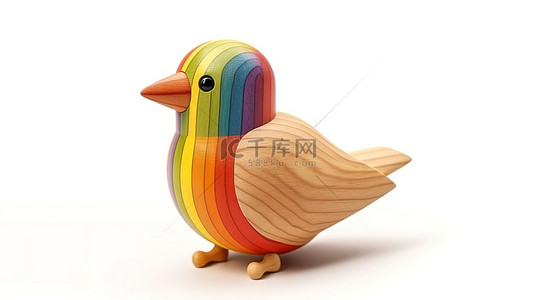 手工木雕背景图片_白色背景展示了儿童抽象木鸟玩具的 3D 渲染