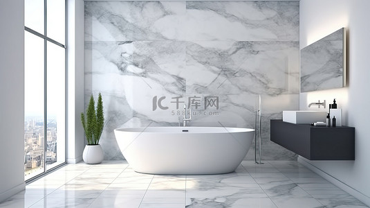 带大理石印花瓷砖墙的现代浴室的 3D 渲染