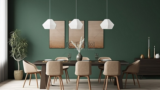 绿色和棕色餐厅的 3d 渲染，拥有迷人的氛围和墙上的模拟海报