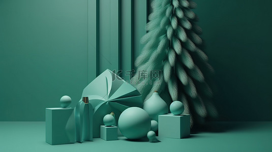 简约的 3D 圣诞装饰渲染了一棵树，上面装饰着礼品盒和挂球