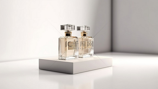 白色背景上的 5 星级香水瓶和经典盒子展示了优雅和奢华的 3D 渲染
