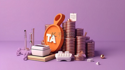 说明图背景图片_紫色背景用钱币图和表格 3D 图像说明营业税概念