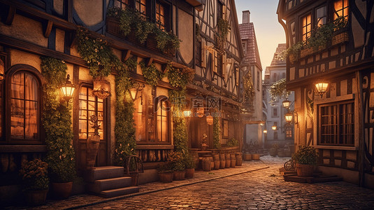 迷人的中世纪小镇一个神奇的夏日夜晚，有发光的窗户和 3D 插图