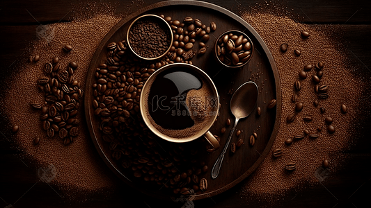 咖啡西餐背景图片_咖啡豆咖啡杯勺子茶杯托