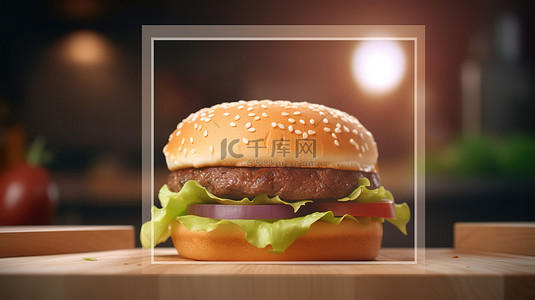 快餐菜单背景图片_带有方形框架的背景上汉堡的 3d 渲染
