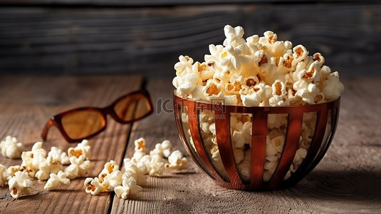 电影电影院背景图片_浅色木质表面顶视图上的一碗爆米花和 3D 眼镜，带有空白文本空间