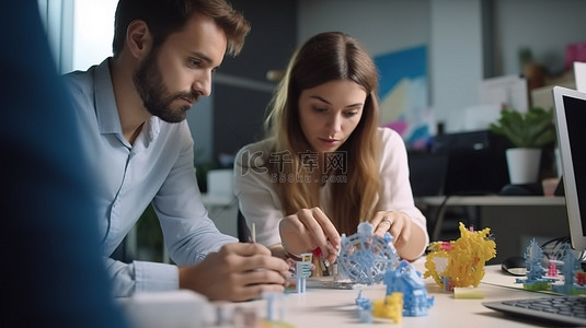 同事相处背景图片_熟练的女设计师坐在同事对面，在专业环境中用尺子测量 3D 打印模型