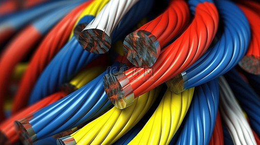 充满活力的 3D 渲染高功率电缆，呈红色蓝色白色和黄色，用于引人注目的电力显示