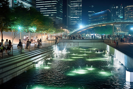 首尔城市水道夜间与城市街道上的人们