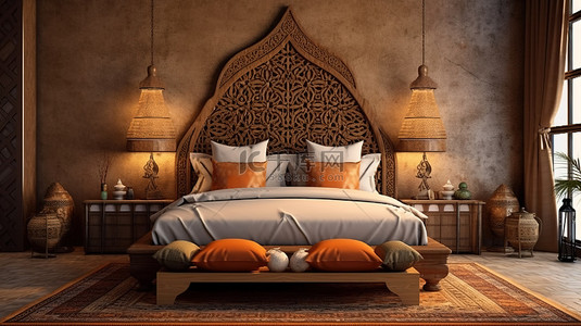 软包床头背景图片_华丽的中东卧室的 3D 渲染，配有华丽的木雕和宏伟的木制床头板